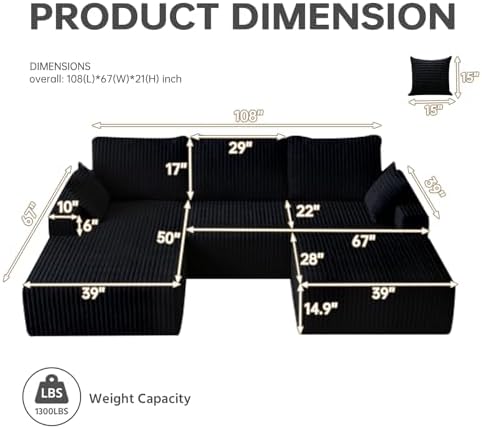 108" U-Shape Modular Sectional Cloud Couch with Ottoman, Deep Seat Couch with Oversized Chaise Lounge, Comfy Flannel Fabric Sofa for Living Room Bedroom Apartment Game Room Basement