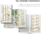 4NM 5 Tiers No Assembly Book Shelves, 51.2" H Folding Bookshelf Bookcase Open Industrial Foldable Shelves for Bedroom, Living Room, Home Office - White Gold