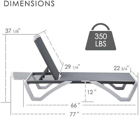 Kozyard Outdoor Chaise Lounge Chair, Full Flat Adjustable Patio Lounger with Aluminum Frame & Resin Legs, Textilene Fabric for Poolside, Backyard & Beach (Gray, Chair)