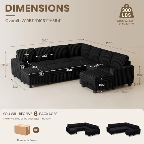 Belffin Oversized Sofa Bed Modular Sectional Sleeper Sofa with Pull Out Bed L Shaped Couch with Storage Chaise Black Couch
