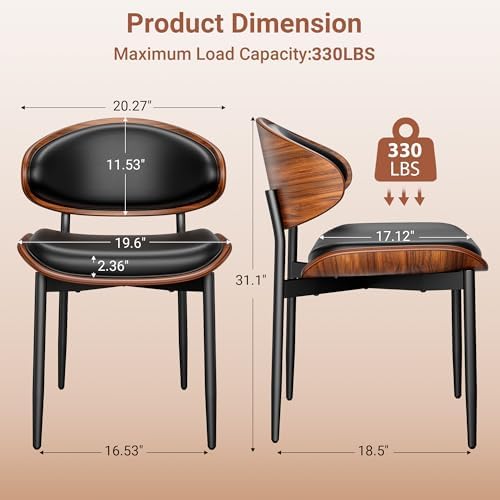YaFiti Dining Chairs Set of 2, Mid Century Modern PU Leather Kitchen Chairs | Ergonomic Walnut Backrest & Metal Legs, Upholstered Waterproof Faux Leather Seat, Adjustable Footpads for Dining Room, Black
