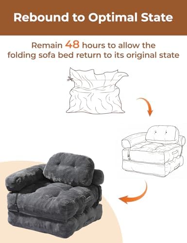 Folding Sofa Bed, L-Shaped Couch Back Support and Arm Pillow Futon | Convertible Sofa Bed for Living Room/Guest Use/Home Office, Foldable Couch for Adults, Dark Gray