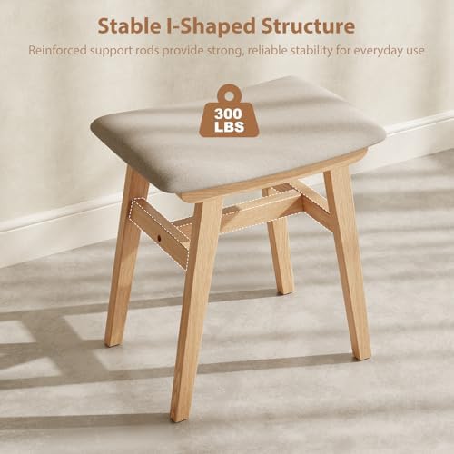 Muwuele Solid Wood Vanity Stool, Compact Makeup Chair with Saddle Cushion, Linen-Covered High Rebound Sponge Seat, Easy Assembly Footstool for Bedroom, Entryway, Home, Natural