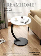 C-Shaped End Table Side Table Wood Sofa Table with Metal Frame for Living Room, Bedroom, Small Spaces (Snow Mountain White + Black Rack)