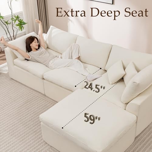 Korser 110" Cloud Sectional Couches for Living Room, Modern Modular Sectional Sofa with Ottoman, Cloud Couch with Comfy Deep Seats, Fluffy Chenille L-Shape Sofa Couch for Living Room, Beige
