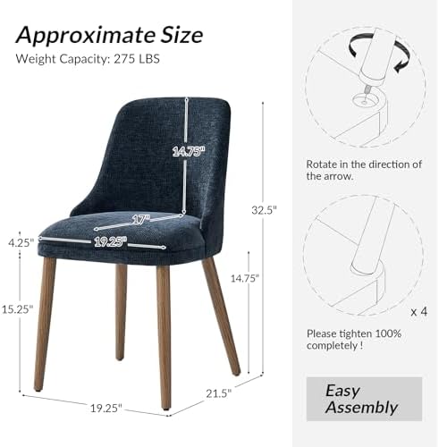 HULALA HOME Dining Chairs Set of 2, Navy Fabric Upholstered Dining Room Chairs Set with Solid Wood Legs, Paded Back, Modern Kitchen Accent Chairs for Living Room Bedroom Reception
