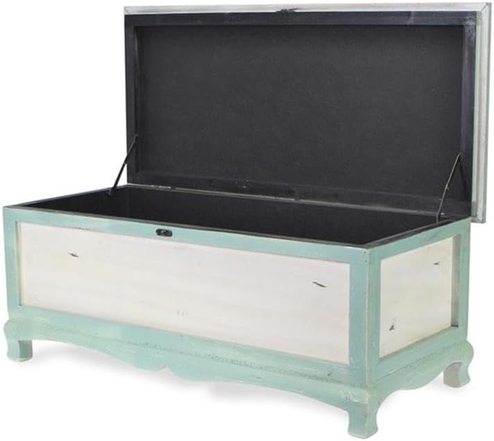 Pemberly Row Shabby-Chic Wood Bench Chest, Seafoam Green & Off White Finish, Cushioned Seat with Hinged Lift-Up Storage, Handcrafted Bedroom or Entryway Seating Organizer, Fully Assembled