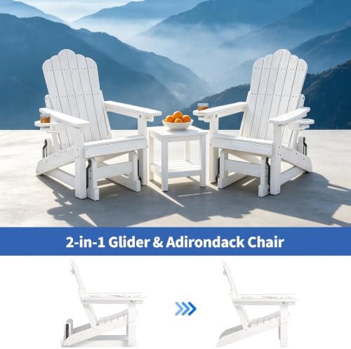 HDPE Adirondack Glider Chair,3-Position Adjustable Backrest Patio Glider | All-Weather Outdoor Glider Rocker Chair with Cup Holders,Porch Glider for Deck,Fire Pit, Poolside,400LBS Capacity White