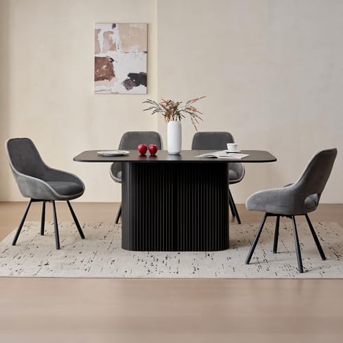 63" Large Oval Corners Dining Table for 4 6, Black | Rounded Corners Metal Frame Grooved Pedestal Base Modern Rectangle Kitchen Dinner Dining Table Wood-Patterned Surface