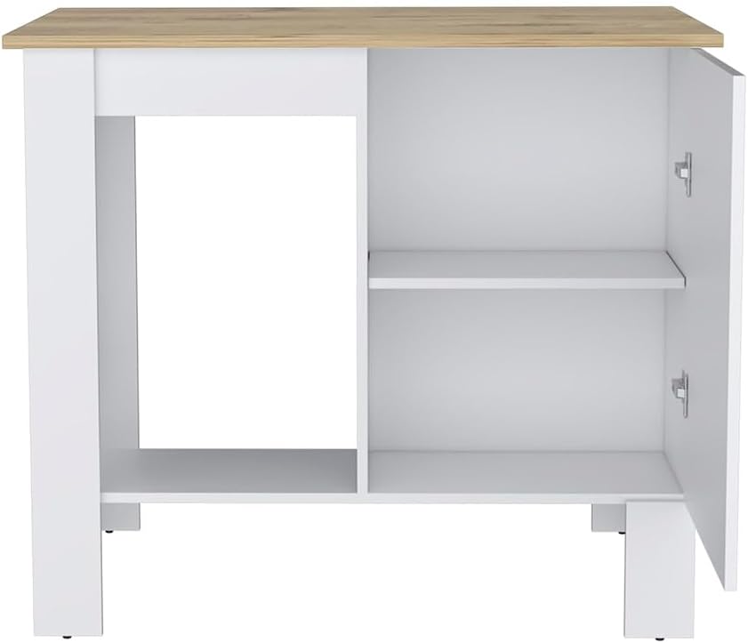 Kitchen Island, Single Door Cabinet, Shelf White/Macadamia | Includes two internal storage shelves for organized kitchen essentials