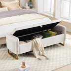 Storage Bench for Bedroom, 65 Inch End of Bed Storage Bench Beige | Velvet Storage Ottoman Bench, Tufted Upholstered and Gold Legs, Bedroom Bench with Storage, Arms, 2 Pillows, for Window