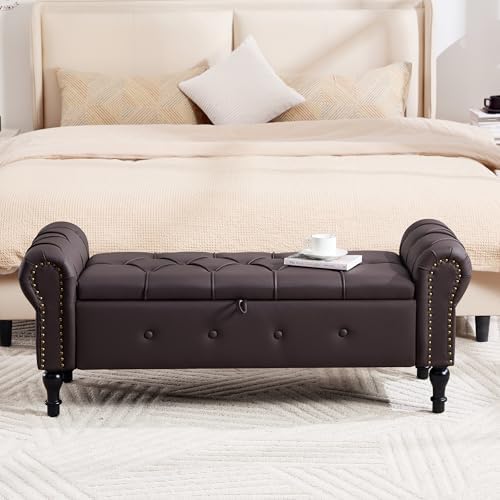 Storage Bench 51" Faux Leather End of Bed Benches Dark Brown | Queen Size Storage Bench for Bedroom with Rolled Arms Tufted Ottoman Benches Upholstered Bench for Living Room Entryway