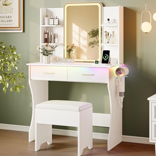 Makeup White Vanity Desk with Lights and Mirror, Small Vanity for Bedroom | Vanity set with Stool, 3 Lighting Modes, Adjustable Brightness, Storage Shelves, Hair Dryer Holder and Spacious Tabletop