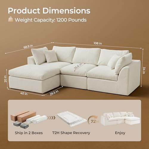 Amsleekey 108" Cloud Sectional Couch with 2 Washable Cover Sets | L-Shaped Modular Sofa with Ottoman, Deep Seat Couch for living room, DIY Covers in White and Gray