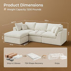 Amsleekey 108" Cloud Sectional Couch with 2 Washable Cover Sets | L-Shaped Modular Sofa with Ottoman, Deep Seat Couch for living room, DIY Covers in White and Gray