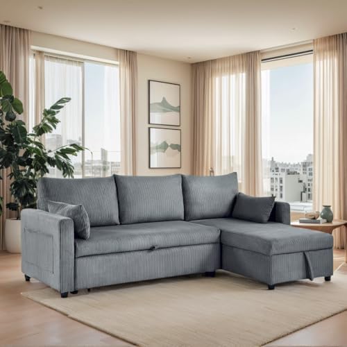 Ball & Cast 86" Sectional Sleeper Sofa Bed Pull Out Couches for Living Room | L Shaped Convertible Pull Out Sofa Bed with Reversible Storage Chaise and Side Pocket, 3-Seat Sofa for Small Space Apartment