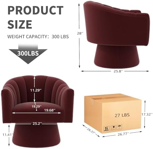 Swivel Accent Chair Set of 2, Modern Velvet Barrel Chair for Living Room | Cozy Barrel Chairs with Curved Backrest,a smoothly rotating metal base,Upholstered Armchair for Small Spaces, Bedroom,RED