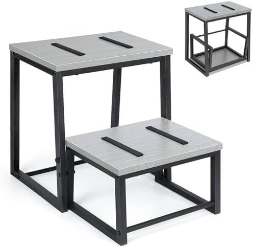 LIANTRAL 2 Step Stool for Adults, 2 in1 Foot Stool for High Bed, Kitchen,RV | Heavy Duty, Non-Slip, Steel Frame & Wooden Steps, 500lbs Load Capacity, Gray