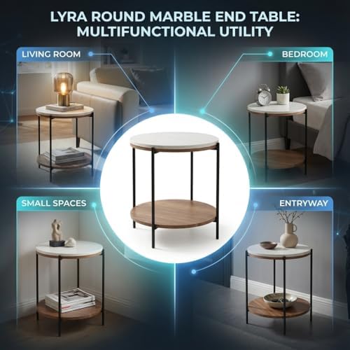Lyra Round Marble End Table – Solid Acacia Wood Shelf, Open Storage Side Table for Living Room, Bedroom, Entryway, Small Spaces – Nightstand, Plant Stand, Modern Accent Table with Metal Frame