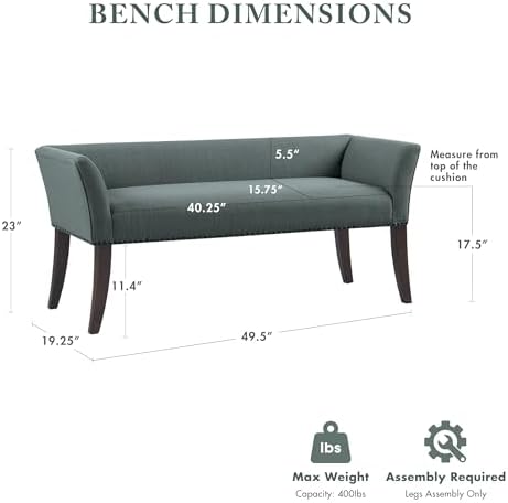 Madison Park Accent Bench, Upholstered with Nailhead Trim, & Padded Seat Entryway Bench Small, End of Bed Bench with Back, 49.5" W x 19.25" D x 23" H, Slate Blue