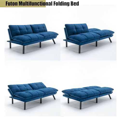 Modern Navy Blue Velvet Convertible Folding Futon Couch Sofa Bed | Adjustable Pillow Top Arm Memory Foam Couch Double Loveseat Sofa for Compact Living Space,Dorm,Game Studio,Apartment,Bedroom