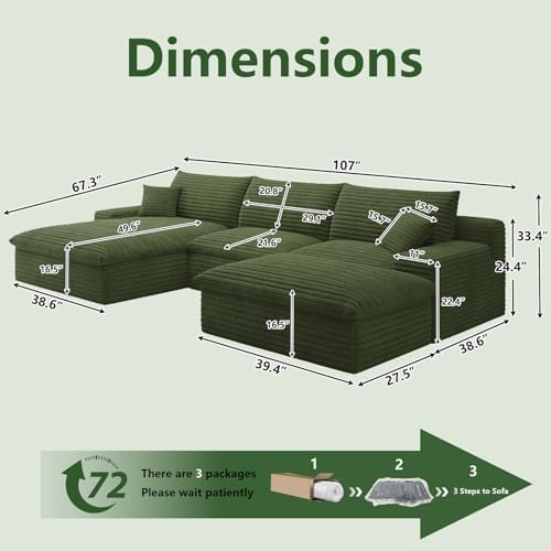 107" Cloud Couch Modular Sectional Sofa for Living Room, U-Shape Couch with Deep Seat, Modern Corduroy 3-Seater with Ottoman, No Assembly Required (Green,Left-Facing Chaise)