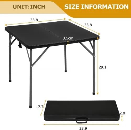 34" Square Plastic Folding Card Table - Portable Outdoor Dining Table with Collapsible Legs & Carrying Handle, Heavy Duty Plastic Table for Camping, Picnic, Office & Home(Black)