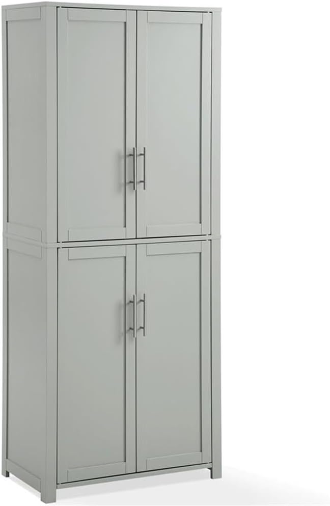 Pemberly Row Tall Wood Pantry Cabinet with Adjustable Shelves, MDF and Birch Veneer, Gray and Nickel Finish, Shaker-Style Doors, 67 in H x 28 in W x 15 in D, Kitchen, Bathroom, or Home Organization