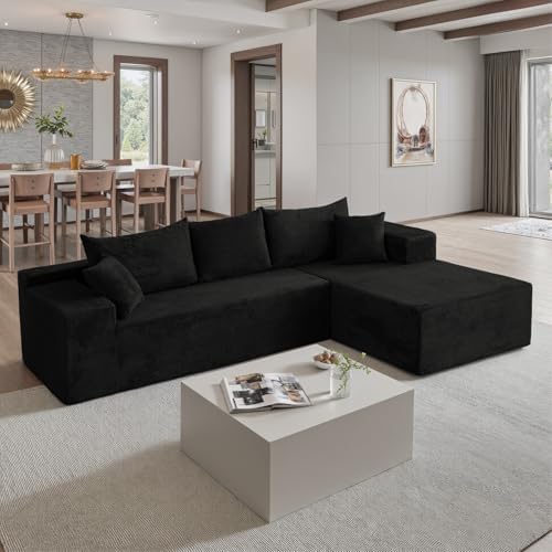 103" L Shaped Sectional Couch for Living Room, Modular Cloud Sofa | Modern Comfy Deep Seat Memory Foam Couch in Box, No Assembly, Right Facing Chaise (1CM Wide Striped Corduroy, Black)