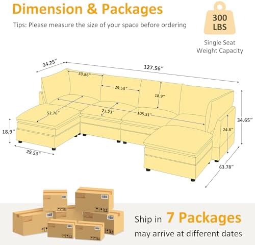 VANOMi U Shape Modular Sectional Sofa Couch for Living Room, Oversized Modern Sleeper Cloud Couch with Deep Seat Double-Layer Thick Cushion Ottoman, Convertible Upholstered Sofa Set, Ivory White