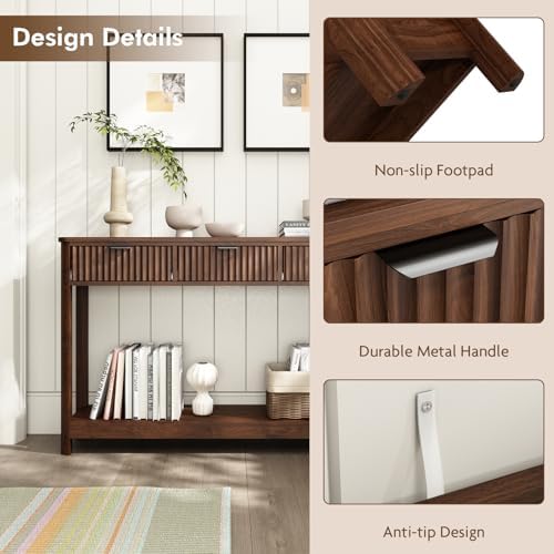 HOKYHOKY Fluted Console Table with Drawers, 47.1" Entryway Table, Walnut | with Storage Shelf, Modern, Narrow Skinny, Behind Couch Wood Sofa Table, for Living Room Hallway Entrance Foyer