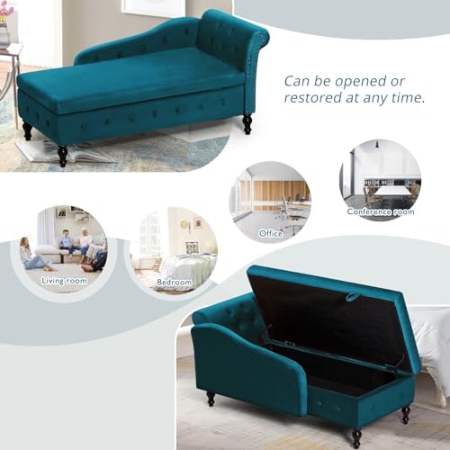 Velvet Chaise Lounge w/Right Armrest & Storage Space, Teal | Button Tufted Lounge Sofa w/Lumbar Pillow, Lounge Chair Indoor, Upholstered Chair for Bedroom, Living Room,Office