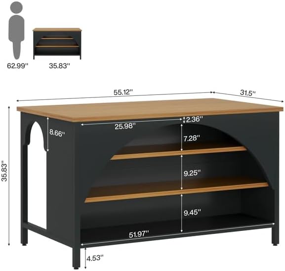Kitchen Island with Open Shelves, Black and Natural Wood Top | 3-Tier Storage, Arched Side Panels, 55.12" x 31.5" Top, Metal Frame Base, Freestanding Design
