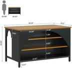 Kitchen Island with Open Shelves, Black and Natural Wood Top | 3-Tier Storage, Arched Side Panels, 55.12" x 31.5" Top, Metal Frame Base, Freestanding Design