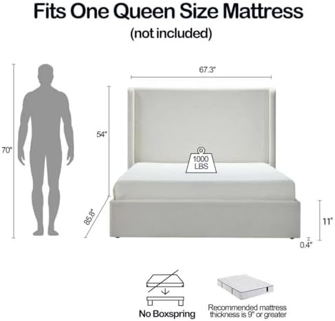 Queen 54" Tall Headboard Carmen Wingback Upholstered Platform Bed Frame Premium Canvas Chenille Elegant Simplicity for Bedroom No Box Spring Needed Easy Assembly No Noise Textured Ivory