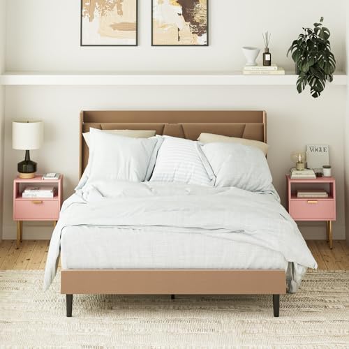 Nightstand,Morden Bedside Table with Gold Frame,Small Night Stand,End Table,Bedside Furniture,Side Table with Drawer and Shelf for Bedroom,Living Room (1Drawer, Pink)