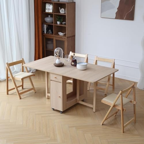 COMUHOME Wood Drop Leaf Folding Dining Table with 2 Drawers and 4 Wheels, Wooden Padded Dining Chairs Set of 4, Space Saving Dining Table with 4 Chairs for Living Room Kitchen Farmhouse