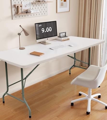 6ft Table Large Folding Table White Folding Table with Portable Carrying Handle 6ft Heavy Plastic Foldable Table for Party, Wedding, Events, Dining, Camping, Picnic Indoor (White, 4 Pcs)