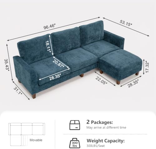 L Shaped Sectional Couch for Living Room, Modular Small Sofa with Ottoman | 96 Inch, 3 Deep Seats, Blue, Chenille, Easy Tool-Free Assembly, Modern Compact Sofa Set for Apartment, Office, Small Space