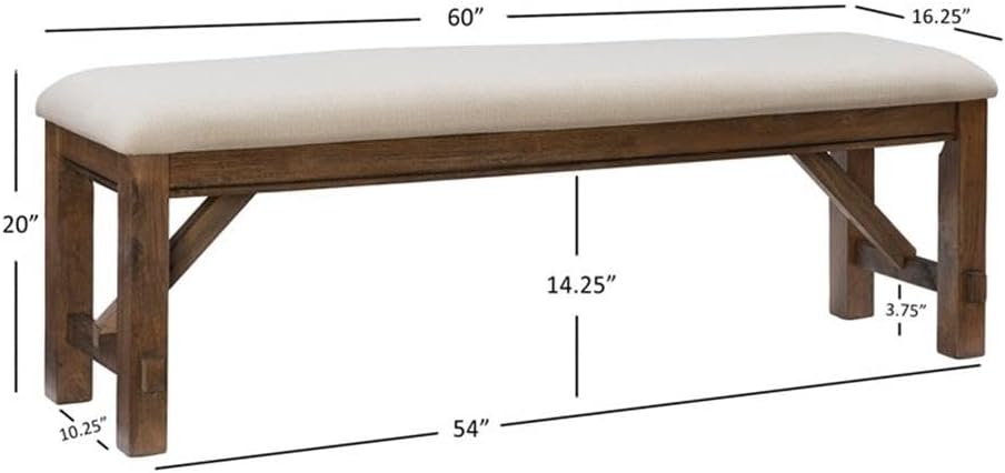 Pemberly Row 60" Wood/Fabric Bench, Rustic Umber Brown Finish, Tan Upholstered Seat, Durable Rubberwood Construction, Transitional Style Bench for Dining Room or Entryway Seating