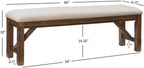 Pemberly Row 60" Wood/Fabric Bench, Rustic Umber Brown Finish, Tan Upholstered Seat, Durable Rubberwood Construction, Transitional Style Bench for Dining Room or Entryway Seating
