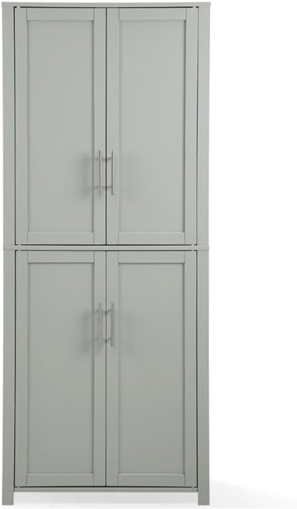 Pemberly Row Tall Wood Pantry Cabinet with Adjustable Shelves, MDF and Birch Veneer, Gray and Nickel Finish, Shaker-Style Doors, 67 in H x 28 in W x 15 in D, Kitchen, Bathroom, or Home Organization