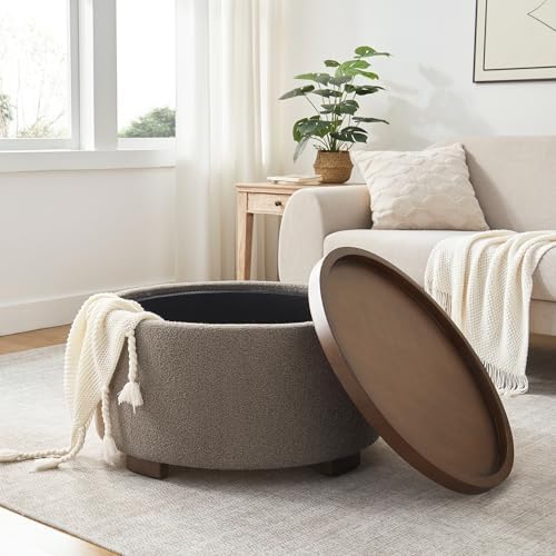 Zihanhome 30 Inch Round Storage Ottoman, Ottoman Coffee Table with Lift Off Lid, Boucle Modern Ottomans with Storage for Living Room, Bedroom, Apartments (Brown)