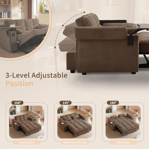 oaaktu ﻿ Large Size Convertible Sleeper Sofa Bed,Polka dot Velvet Pull Out Futon Couch with Storage handrails & Rotating Side Tables,Convertible Sofa Couch for Living Room,RV (Coffee)