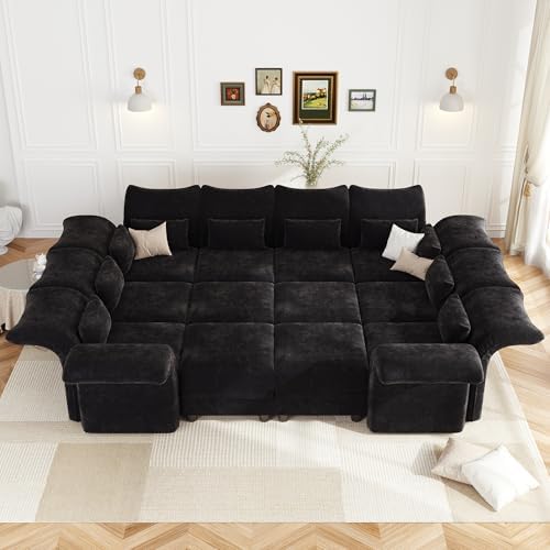 LLappuil Deep Modular Sectional Sofa Sleeper 12 Person Chenille Sectional Couches for Living Room with Storage Ottoman, Adjustable Arms Backs Black
