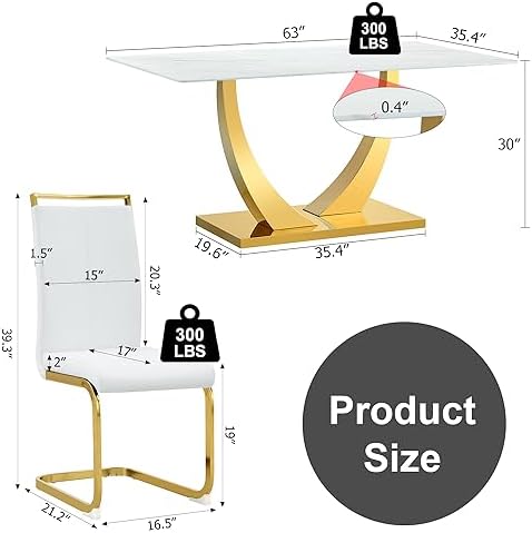 White and Gold Dining Table Set for 4, Faux Marble Dining Room Table Set for 4,63'' Rectangular Tempered Glass Top Kitchen Table Set and 4 Chairs for Dining Room Kitchen