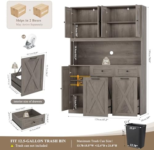 HOSTACK 71" Kitchen Pantry with 12.5 Gallon Double Trash Can Cabinet, Grey | Farmhouse Garbage Can Cabinet with Pull Out Trash Can Storage, 47"W Kitchen Hutch with Hidden Garbage Storage for Dining Room