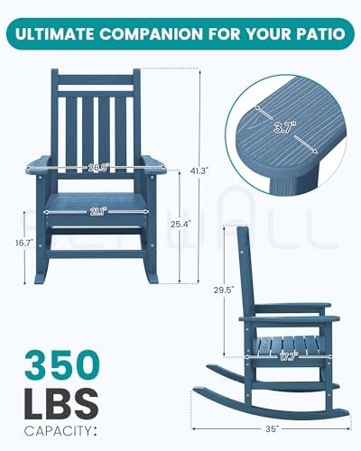 SERWALL Outdoor Rocking Chair Set of 2, HDPE Rocker for Adults, Blue | 21.1" Widened Seat adds Extra Comfort, Oversized Rocking Chair for Adults, All Weather Porch Rocker for Lawn Garden