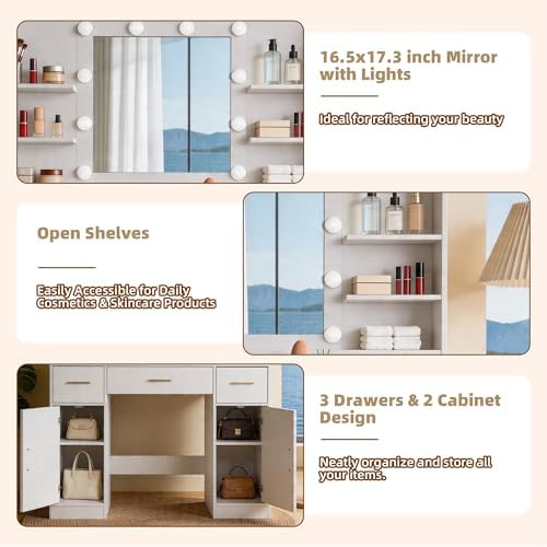 42" W Vanity Desk with Power Outlet Mirror and LED Lights Large Heavy Duty Makeup Vanitys Table with 3 Drawers & 6 Open Shelves & 2 Cabinet Storage for Bedroom Dressing, White