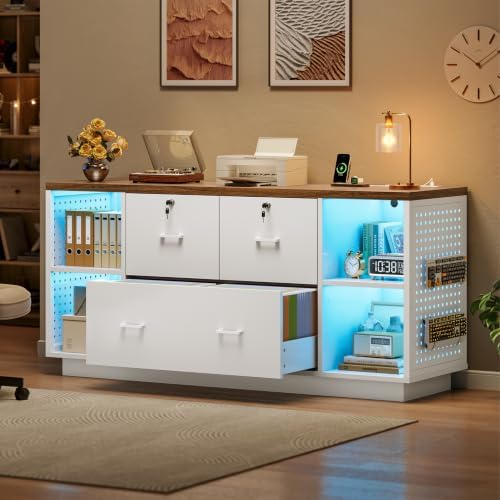 SEDETA 55" File Cabinet with Lock, Large 3 Drawers Filing Cabinets for Home Office, Lockable Printer Stand with Storage, Power Strip, LED Light & Pegboard, White + Brown